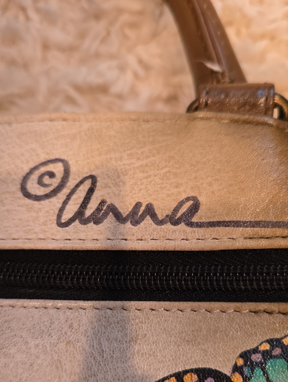 Anna By Anuschka Handpainted Designer Dog/Butterfly Print Satchel Bag - Picture 3 of 13